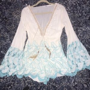 Laurie and Joe white and aqua lace romper